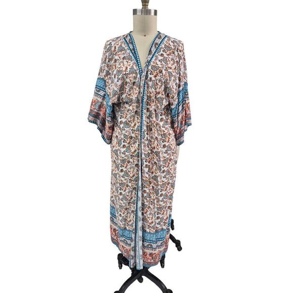Kimono Style lightweight Floral Border Print BoHo coat full length Cotton O/S - Picture 2 of 7
